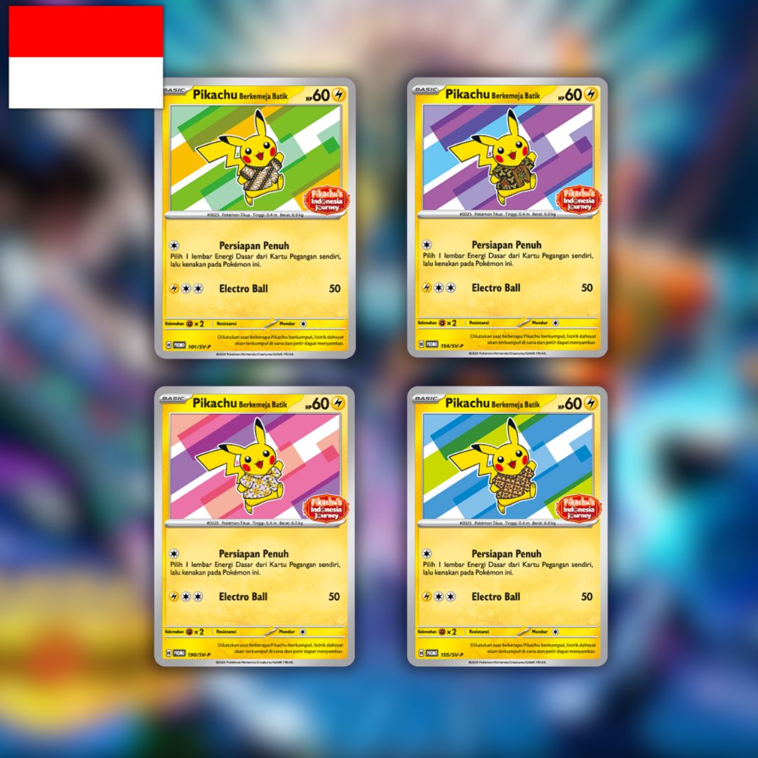 Lot de 4 cartes Pokémon Promo Pikachu Berkemeja Batik - Exclu Indonésien